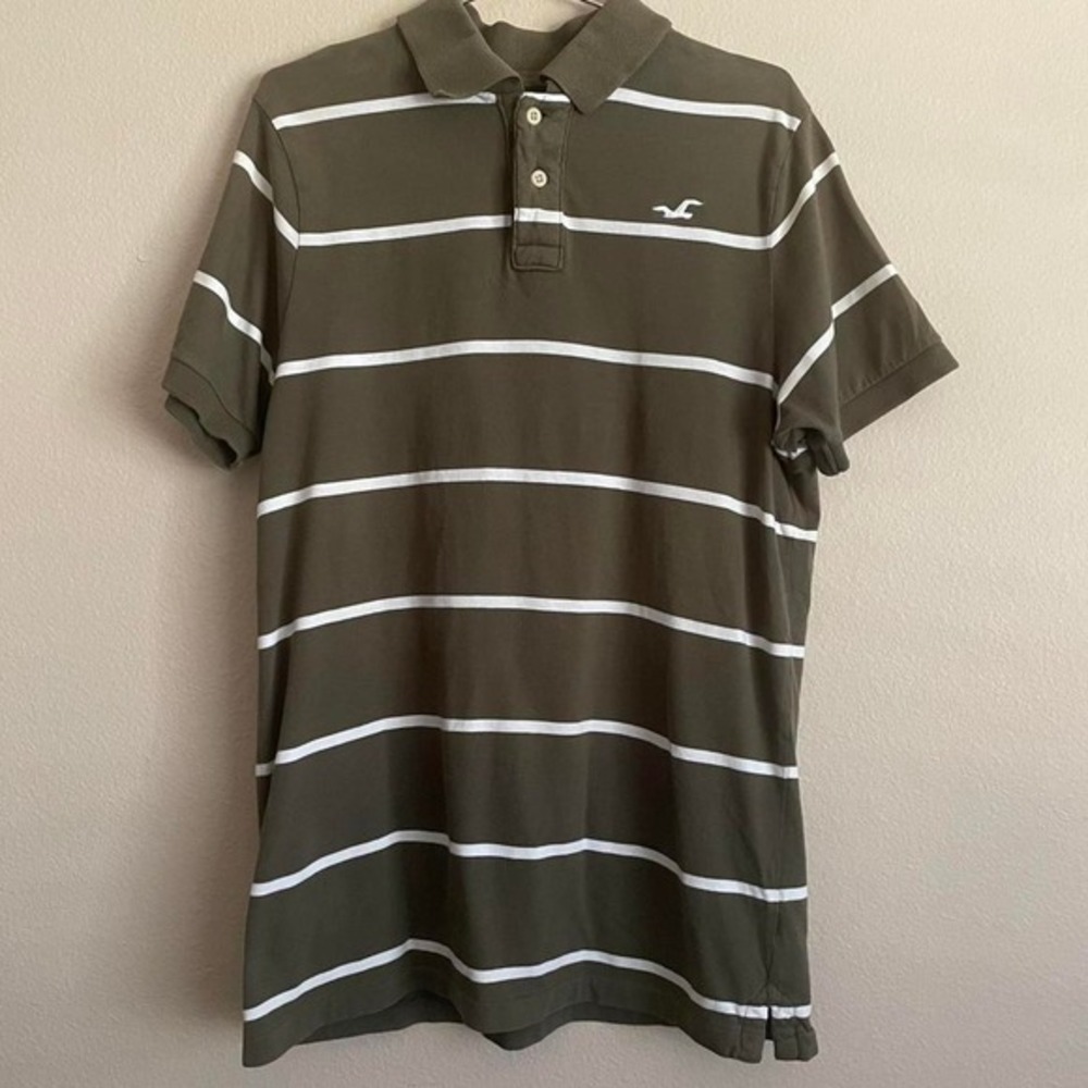 VTG Y2K  Hollister‎ Striped Collared Polo Mens Shirt Olive Preppy Logo Rugby XL